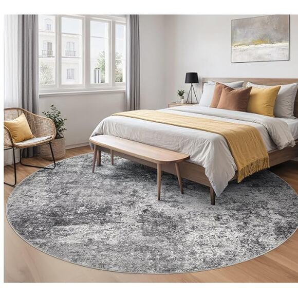 5 ft Round Area Rug Washable Low Pile Gray - Picture 3 of 8